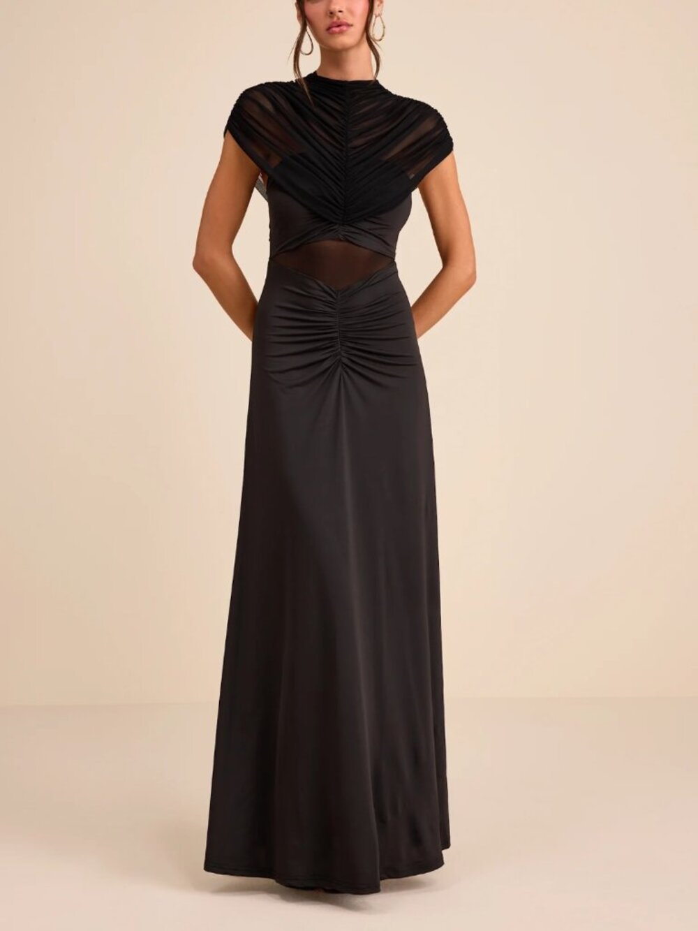 Lulus Murielle Black Mesh Ruched Maxi Dress - Size L